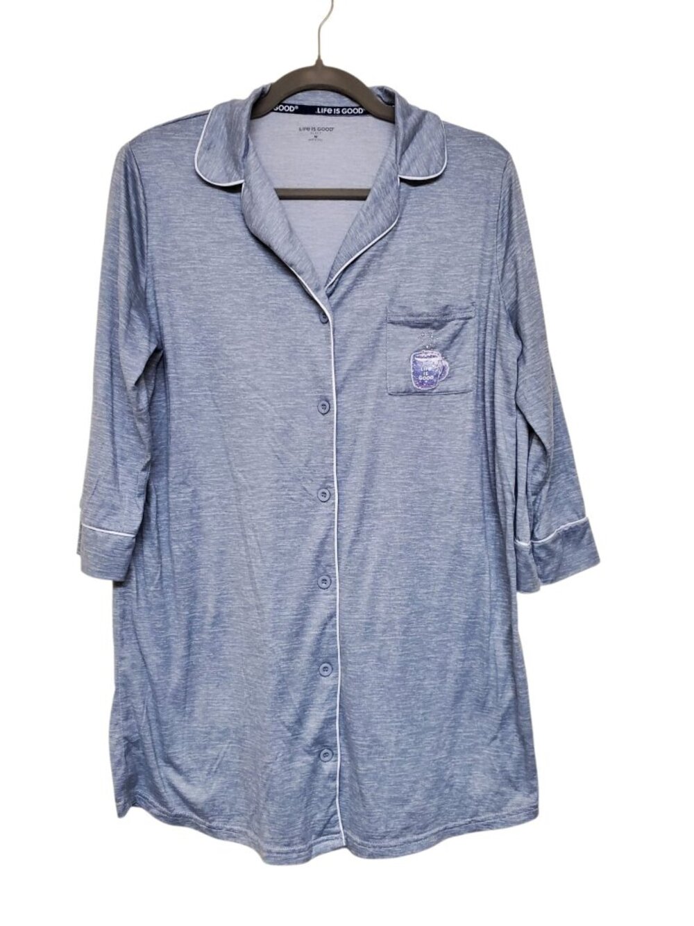 Life is Good Sleep Women's Gray Long Sleeve Coffee Mug Button Up Sleepshirt M